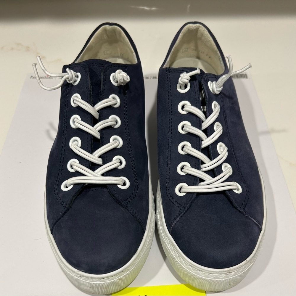 Paul Green Hadley Nubuck Blue Sneakers with White and Red Accents - Picture 3 of 4
